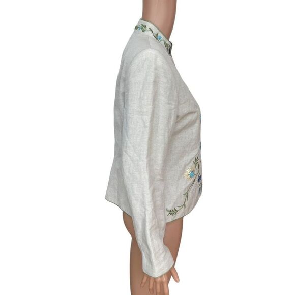 Kate Hill Womens Beige Linen Mandarin Top Jacket SZ 6 Floral Embroidered Lined - Picture 2 of 7